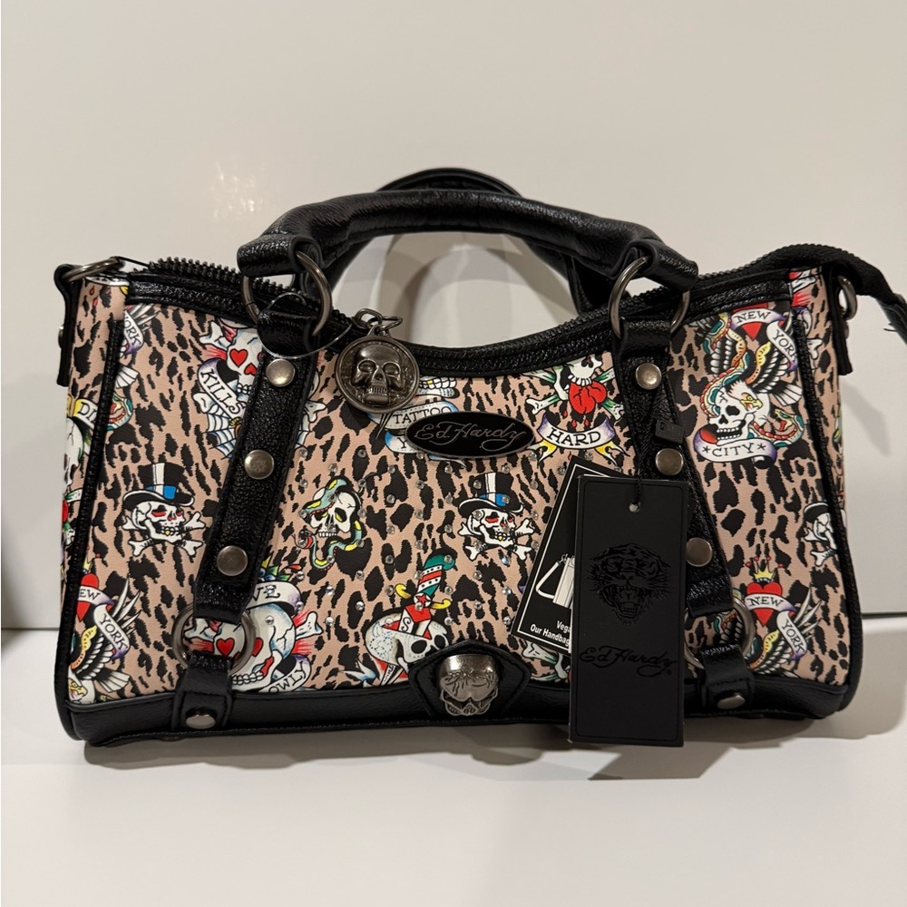Ed Hardy‎ Tattoo Print Satchel - Black and Brown